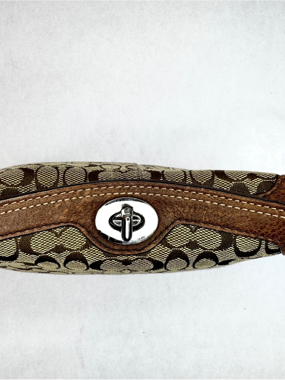 Coach Signature Canvas Turnlock Wristlet Clutch Khaki Brown Leather Trim - Picture 8 of 14